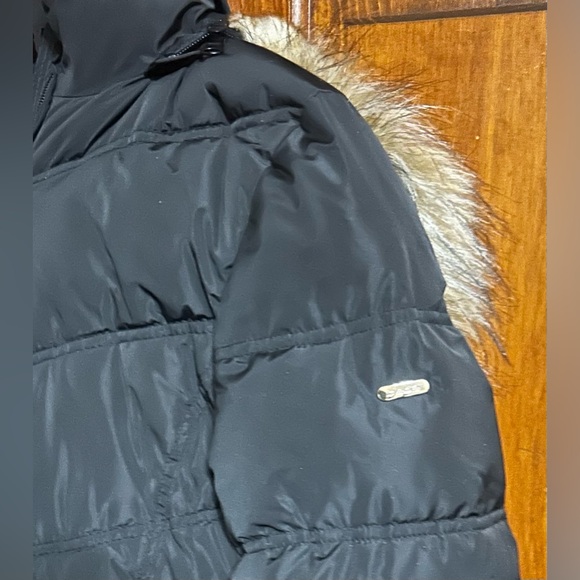 BEBE Black Puffer Long Coat Belted with Fur Trim Hood Women’s Size Medium - Picture 5 of 5